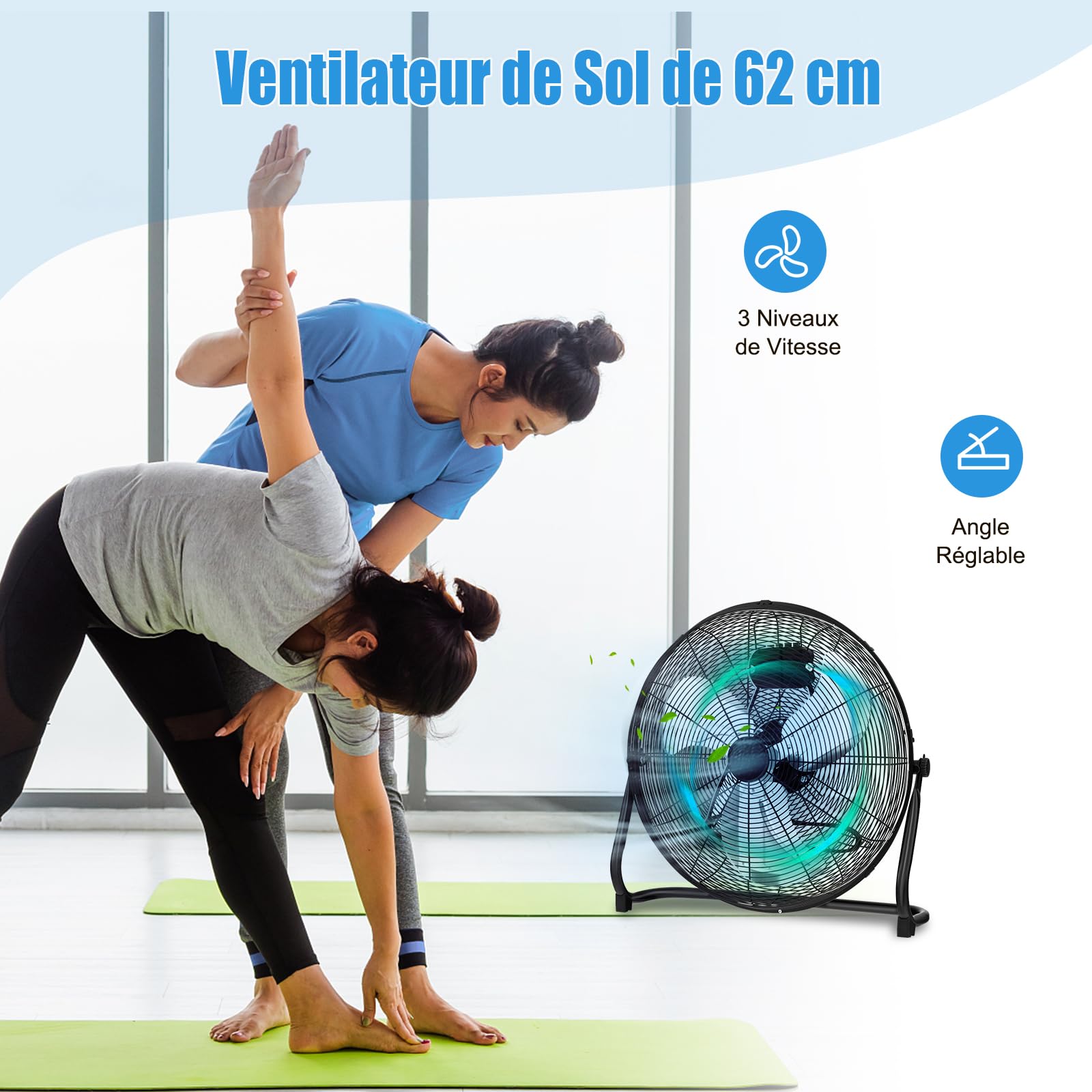 SOARS Ventilateur de Sol 151,5W, 62 X 20 X 59 CM, avec 3 Niveaux de Puissance, Angle d'Inclinaison 145°, Ventilateur en Métal avec Poignée, Haut Débit d'Air, Noir