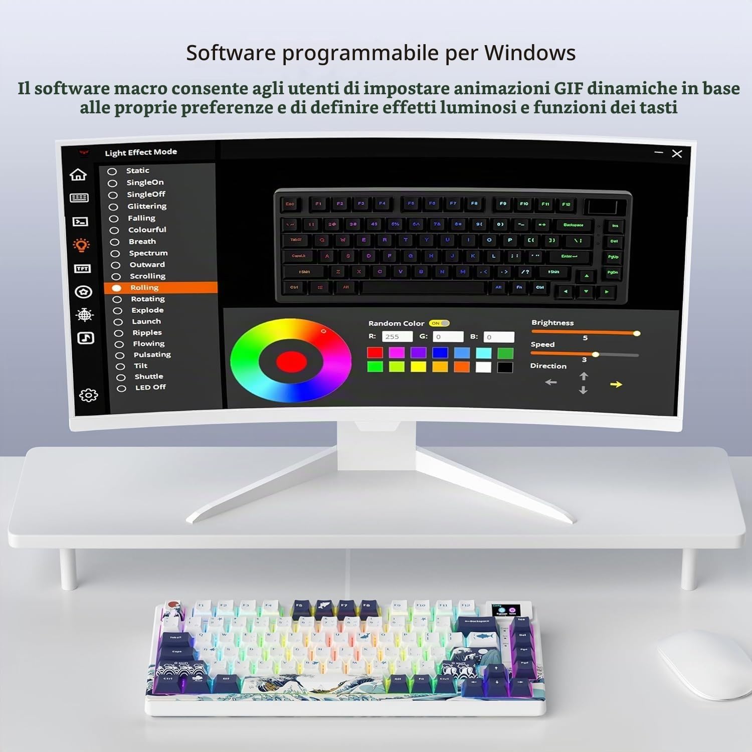 SK80 Tastiera meccanica da gioco 75% - Retroilluminazione LED compatta USB C, hot swap, tema Kanagawa, montaggio con guarnizione RGB personalizzata per Mac/Win, bianco