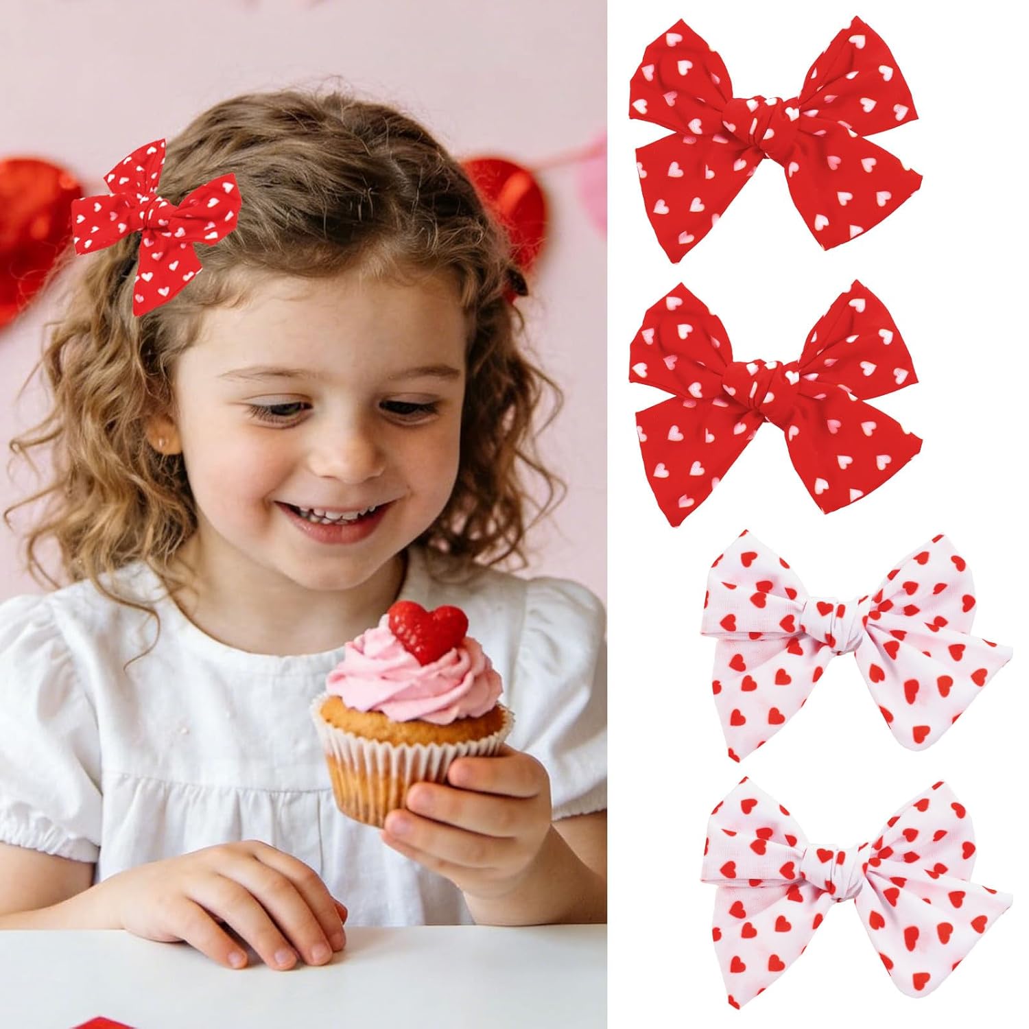 AnyDesign 4Pcs Valentine' s Day Hair Bow Clips Love Heart Bow Clip Grosgrain Ribbon Alligator Clips Red White Mini Heart Hair Barrettes for Girls Toddlers Teens Kids Women Hairstyle Accessories