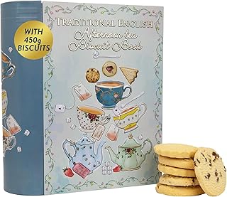 Afternoon Tea Book Biscuit Tin Gift - Biscuits Gift Set with Scottish Shortbread, Traditional Biscuits Gift Box, Biscuits Tin Hamper Basket, Ladies Gift Ideas - Novelty British Gifts for Women and Men