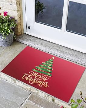 Indoor Door Mat Washable Mat 16x24 Inch - Outdoor Non-Slip Mat Absorbent Resist Dirt Doormats Ribbon Christmas Tree and Pentagram Red Floor Mat for Entryway Patio Bathroom