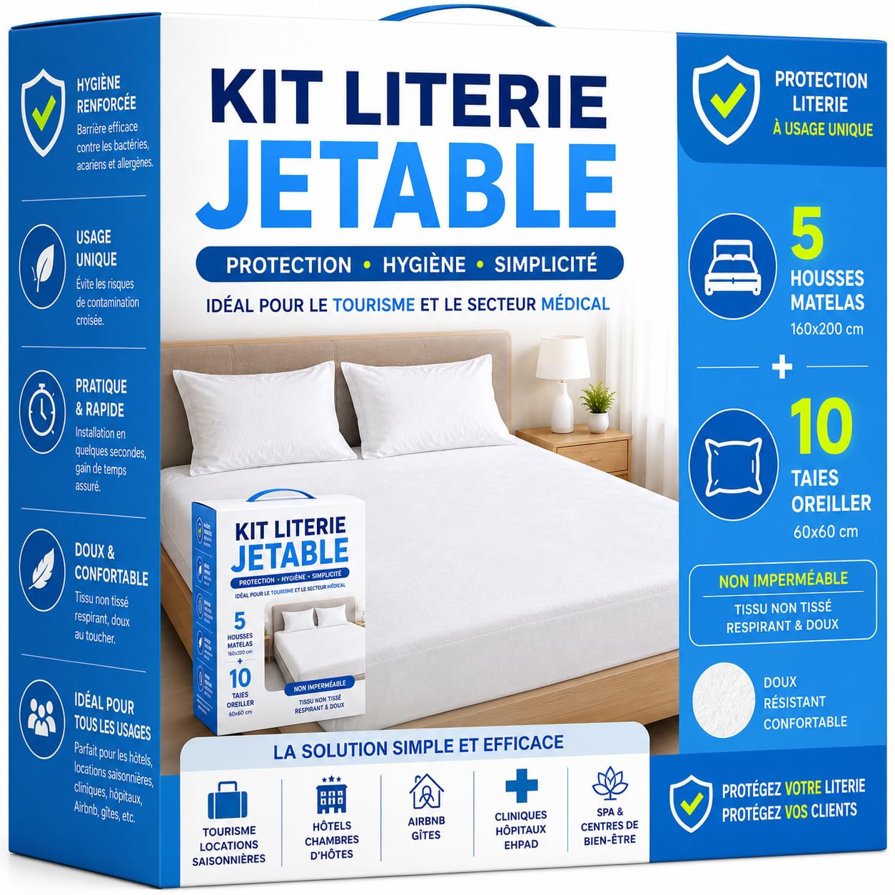 Kit biancheria da letto usa e getta – 5 fodere materasso 160 x 200 cm e 10 federe 60 x 60 cm – non impermeabile, protezione biancheria da letto – lenzuolo con angoli monouso – turismo e medico