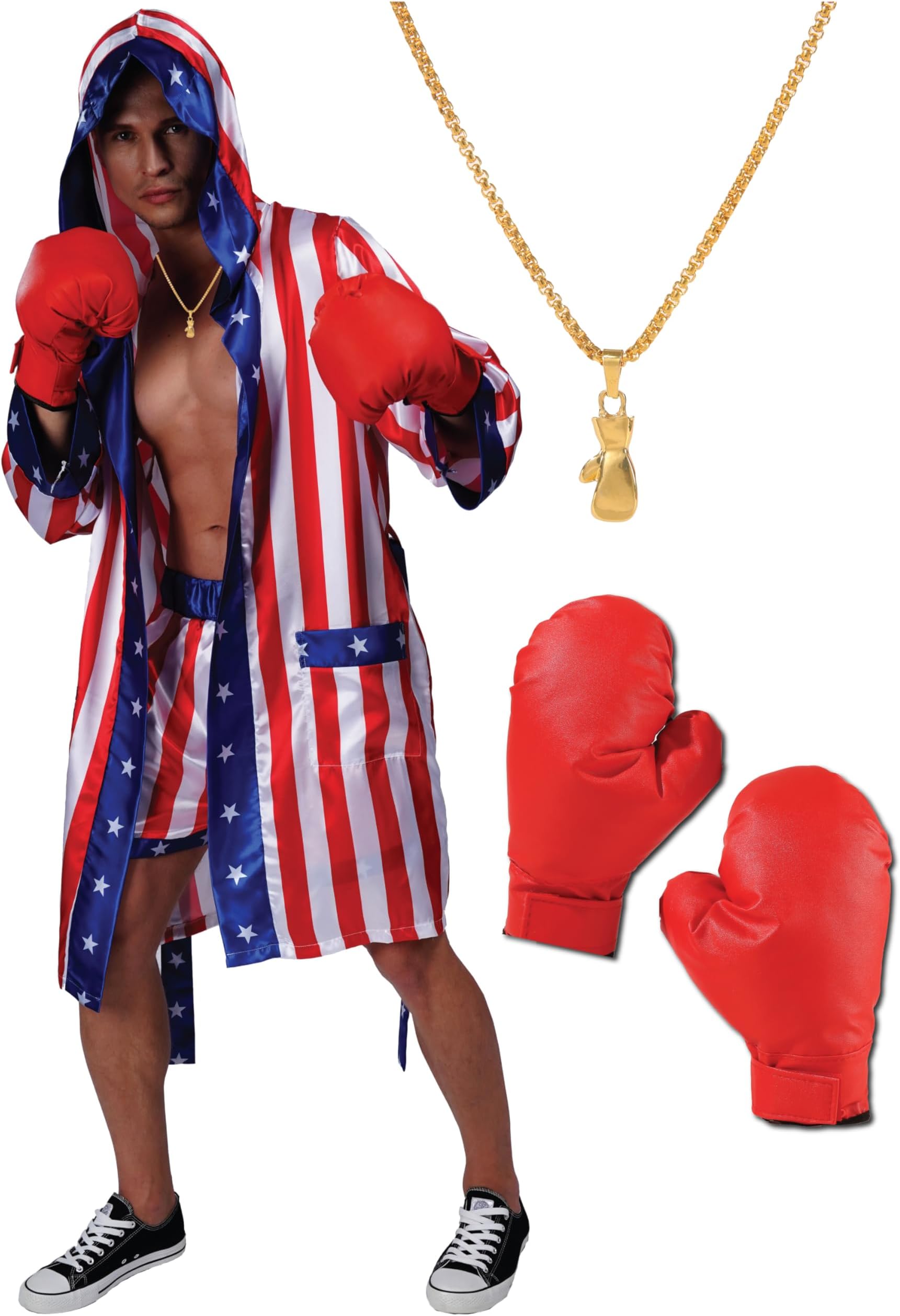 Adult Satin American Flag Boxing Costume with Robe, Necklace, Boxing Gloves and Shorts for Men