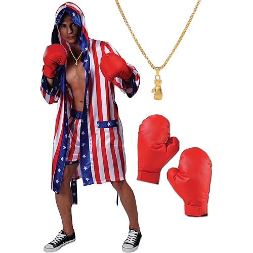 Maxim Party Supplies Adult Satin American Flag Boxing Costume with Robe, Necklace, Boxing Gloves and Shorts for Men