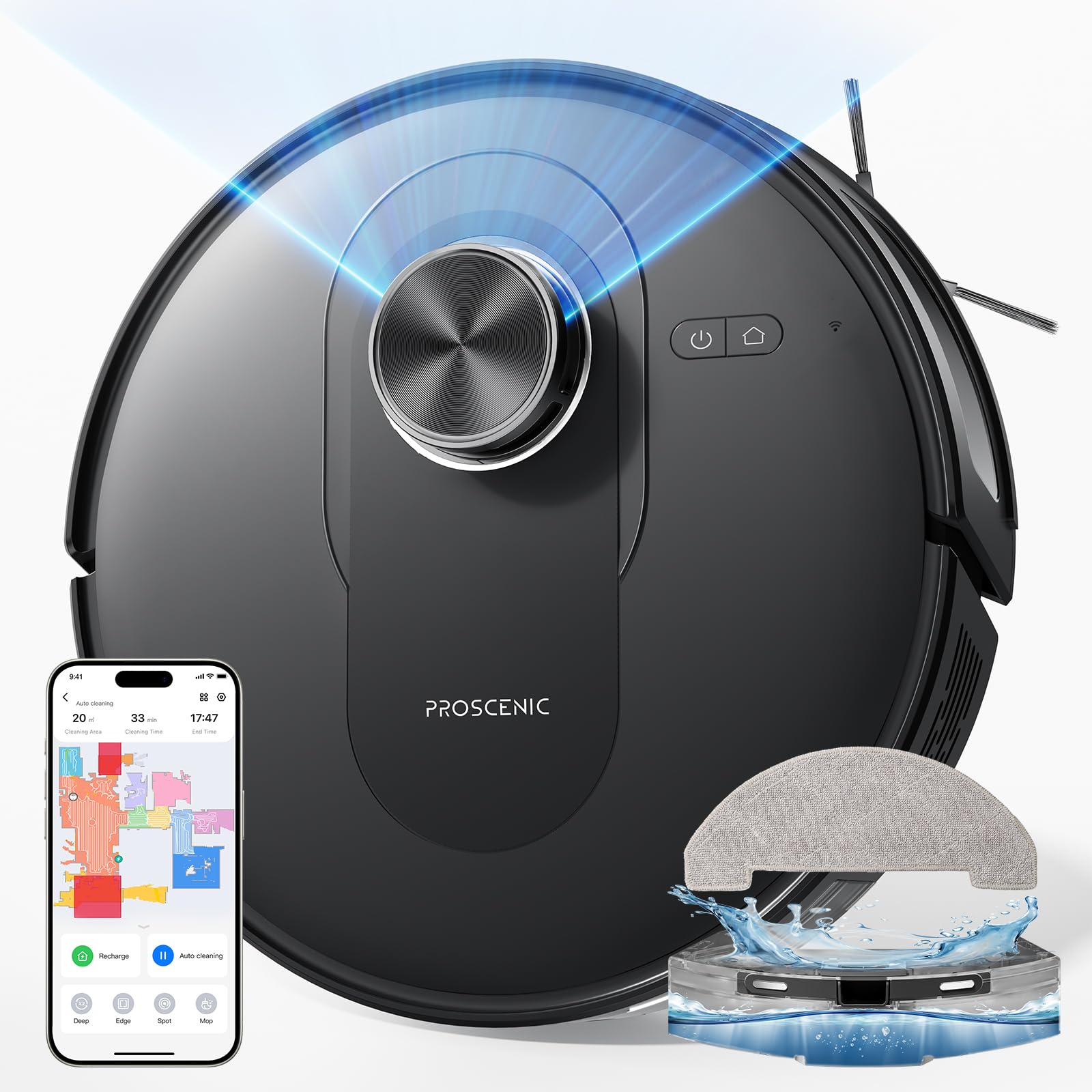 Proscenic Q8 Robot Aspirapolvere Lavapavimenti con Mappatura, 5000Pa 200min, Navigazione LiDAR, Ultra Sottile, Anti-Groviglio di Capelli, APP/Alexa/Wifi, Ideale per Pulizia Domestica/Peli Animali