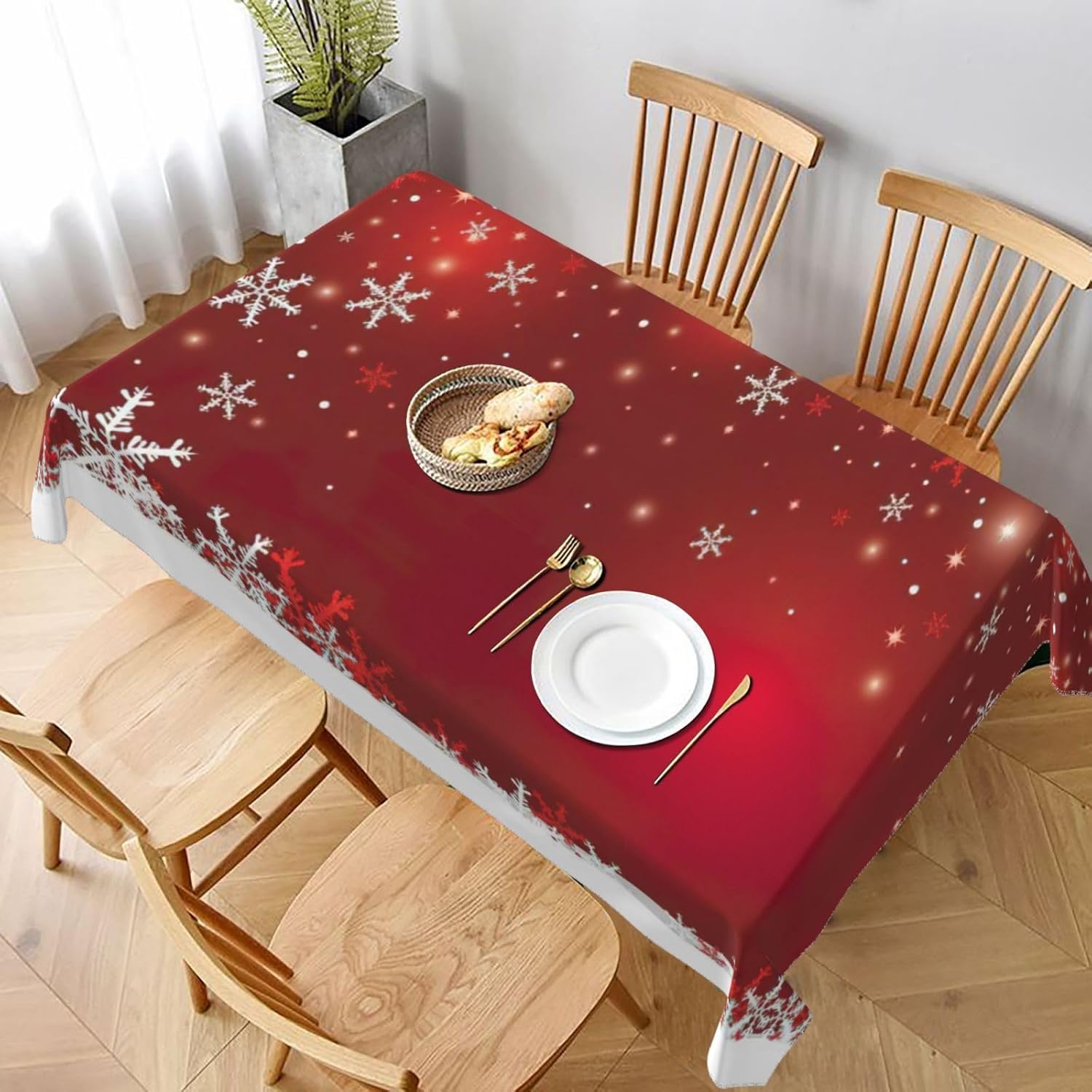 Nappe Rectangulaire 150x250 cm Motif Noël 3D Nappe de Table Rouge Tissu Polyester Anti-Taches pour Intérieur Extérieur Jardin Cuisine et Fête 8027v