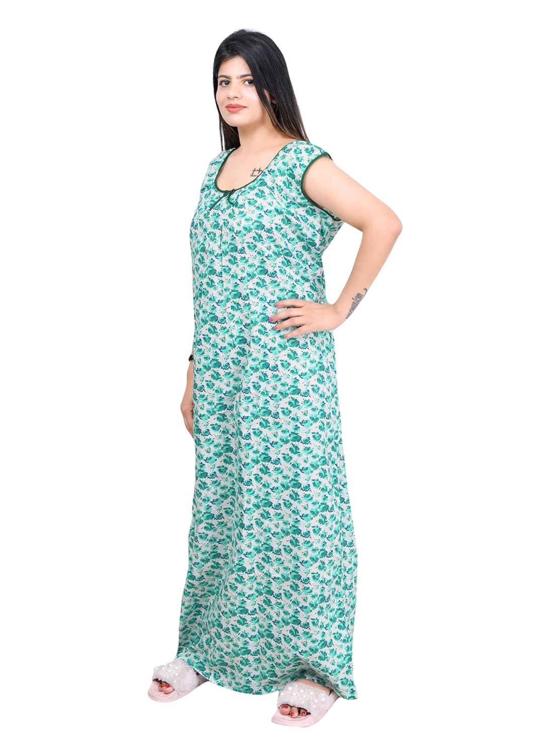 MNN Magnen Women's Pure Cotton Rose Printed Sleeveless Maxi Nighty Dresses (Blue&Green) (Pack Of 2)_(Free Size)