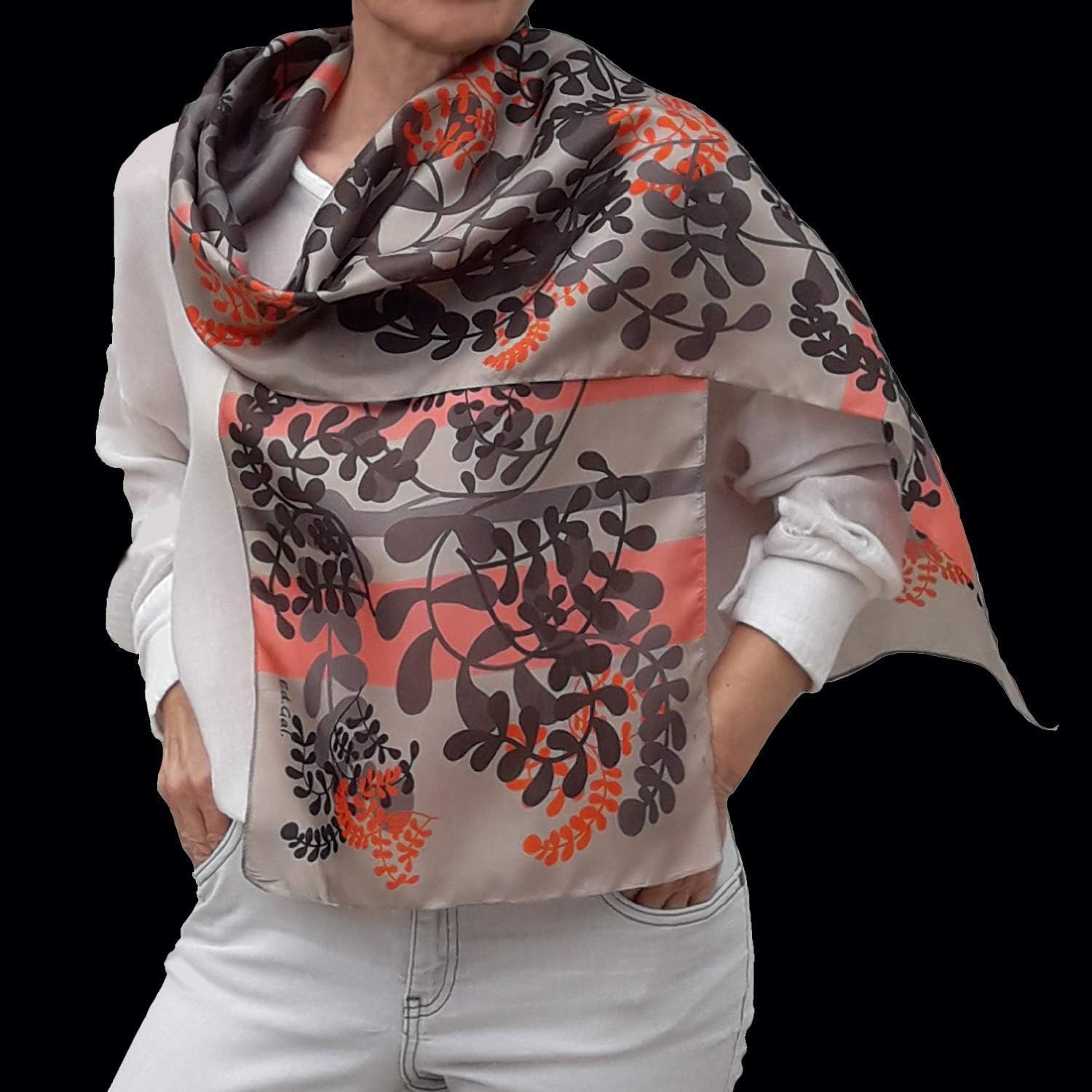 Silk Scarf, Artistic Hand Painted and Printed, Pink, Beige, Grey Floral Scarf, Colorful Birthday Women Gift, Boho Designer Scarves - Image 2