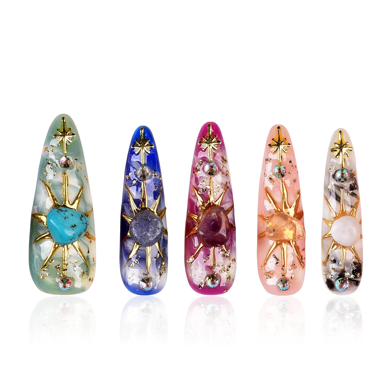 Tmani 10pc/set Long Handmade Press On Nail Hot Girl's Long Nails Ten Kinds of Natural Crystal Stone Decoration Fake Nails Suitable For Girls Festival Parties and Birthday Gift(444,M)