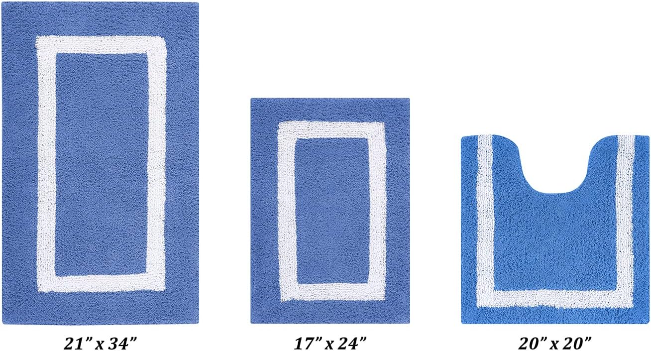 Better Trends 100% Cotton Hotel Collection Bath Mats Set, Blue & White Mats - Tufted, Reversible & Absorbent & Machine Washable 3 Piece Bathroom Rug Set, Toilet Base & Sink Bath Rug