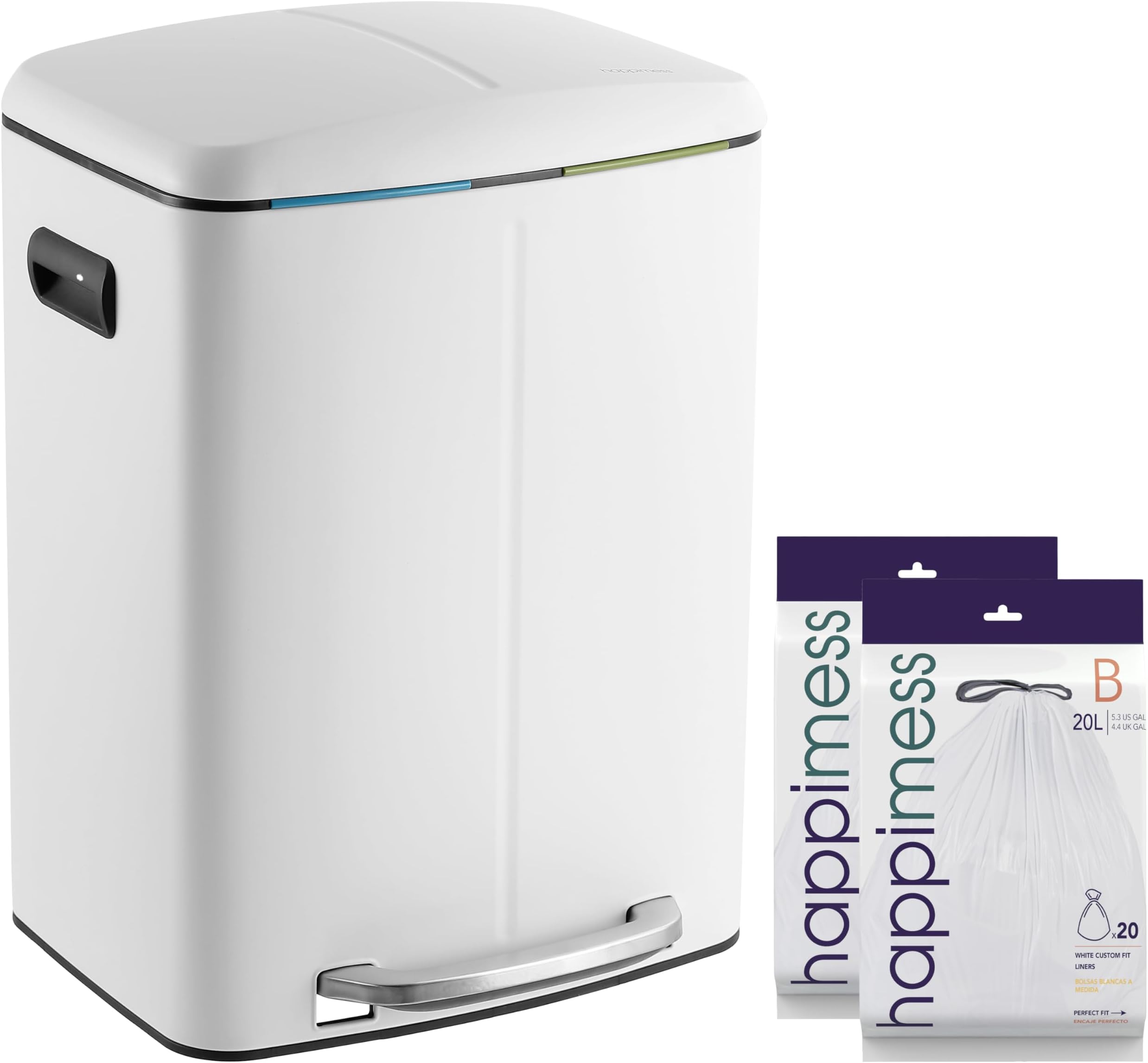 happimess HPM1005C Marco Rectangular 10.6-Gallon Double Bucket Trash Can with Soft-Close Lid, White, Fingerprint Resistant, Modern, Minimalistic for Home, Kitchen, Office, Bedroom, Bathroom