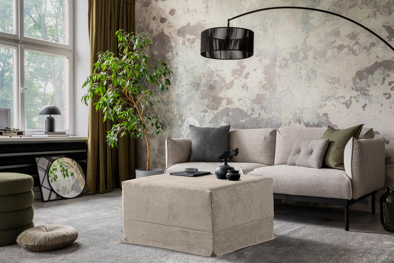 EVERGREENWEB - Pouf Letto Singolo con Materasso in Water Foam Alto 10 cm Salvaspazio Pieghevole per Camera, Cameretta o Soggiorno, Pouf poggiapiedi, Ottomano, Tessuto Sfoderabile e Lavabile Tortora