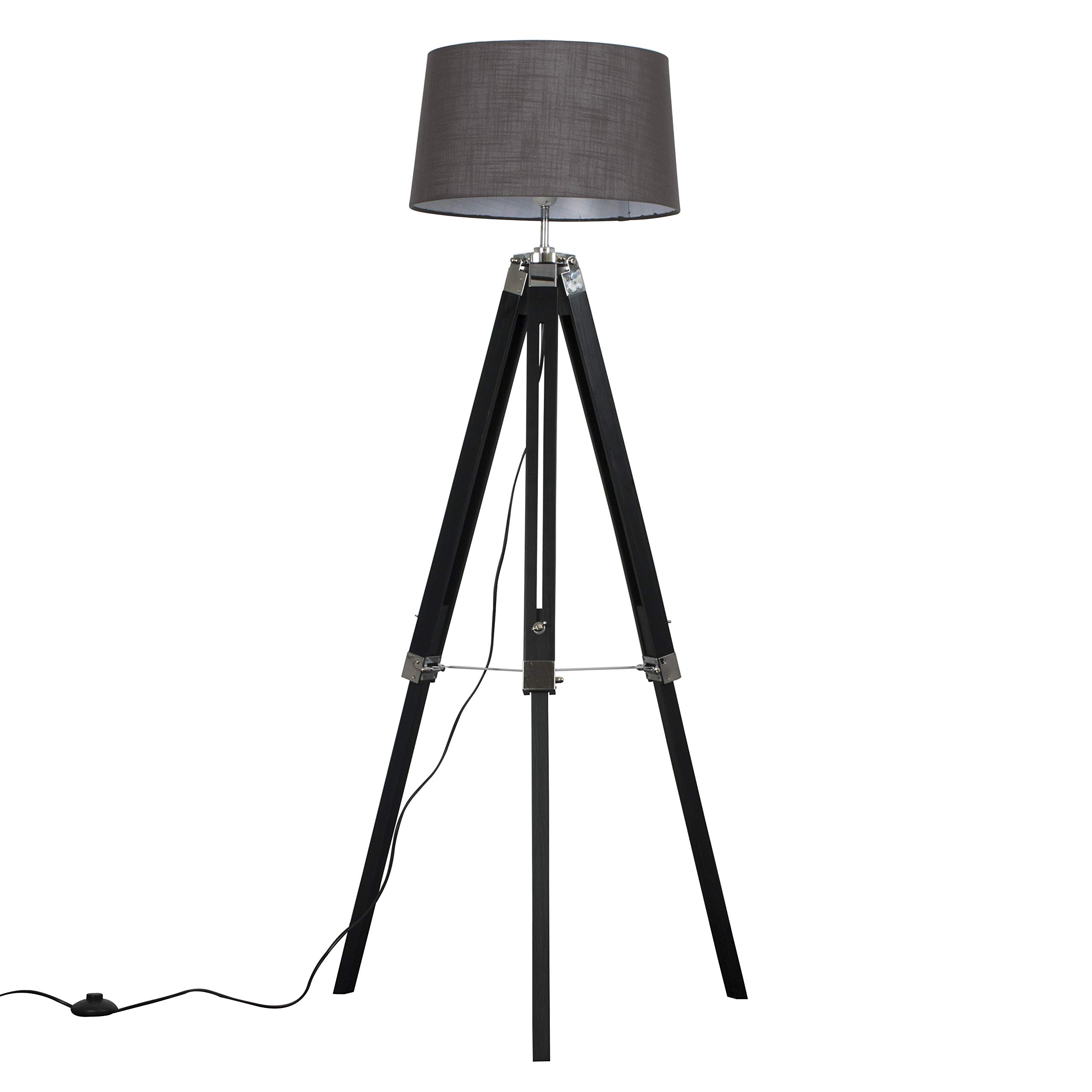 Minisun Grey | Modern Black Wood And Silver Chrome Tripod Floor Lamp With A Tapered Shade | Floor Lamps & Torchieres, Home Décor & Improvement Essential | Includes 6W Led E27 Light Bulb