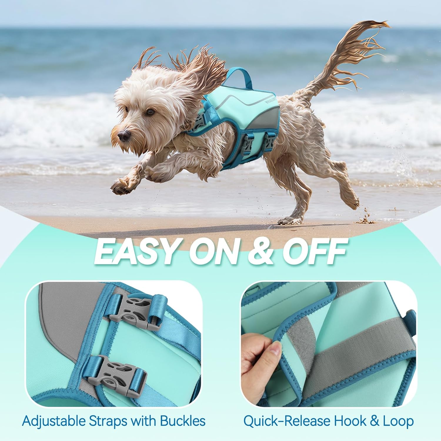 VIVAGLORY Neoprene Dog Life Vest, Dog Life Jacket for Swimming & Boating, Buoyancy & Comfort for Puppy Doggy, Swimming Vest with Handle, S, Cyan