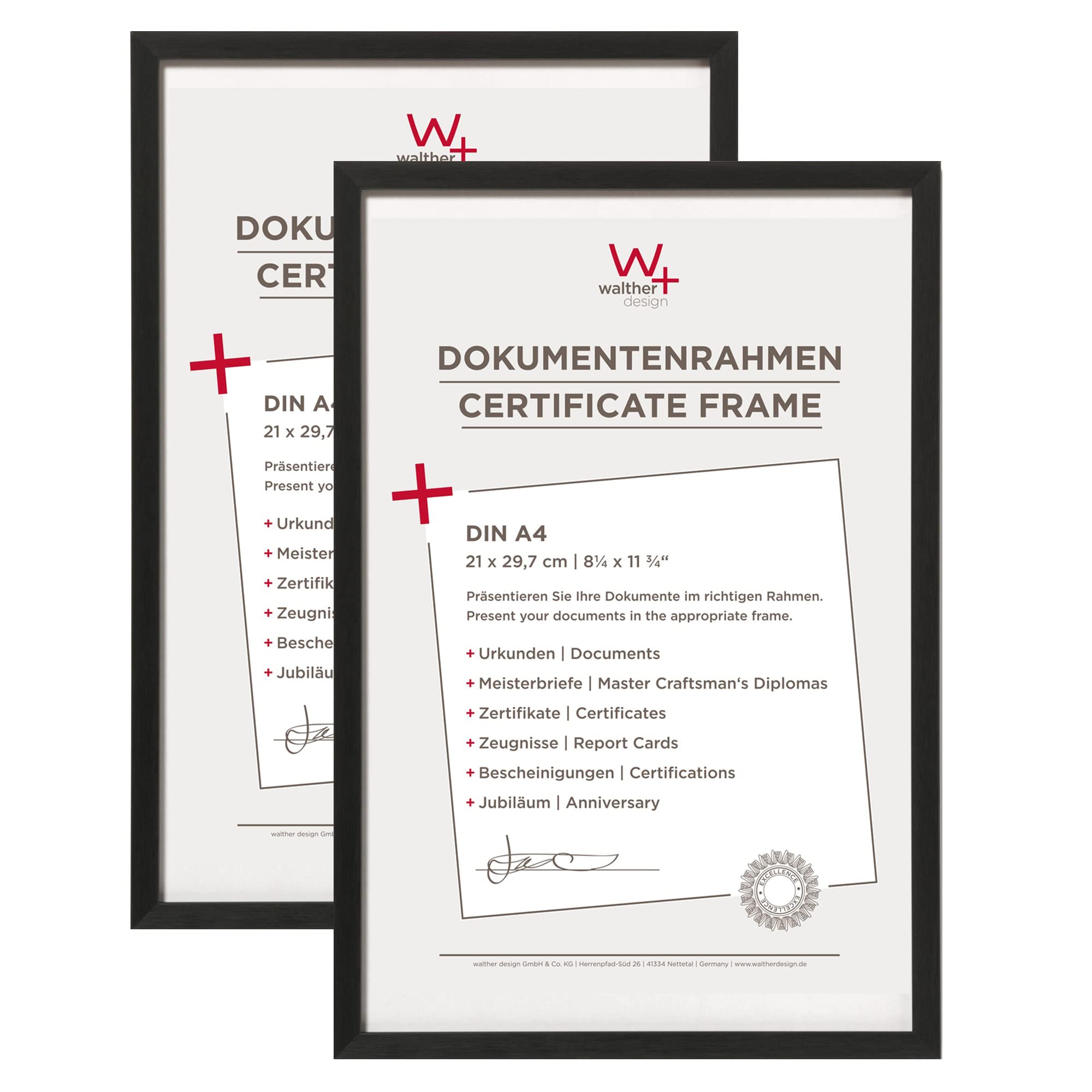 walther design Bilderrahmen schwarz 21 x 29,7 cm (DIN A4) Aluminium Dokumentenrahmen Doppelpack, Chair Alurahmen AJ130BD