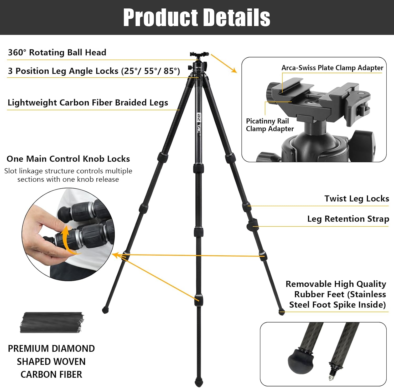 Luxurious One Main Control Knob Carbon Fiber Shooting Tripod with 360 Degree Ball Head, Quick-Release Arca-Swiss Mount or Picatinny Mount System for Hunting, Shooting, Glassing, and Outdoors