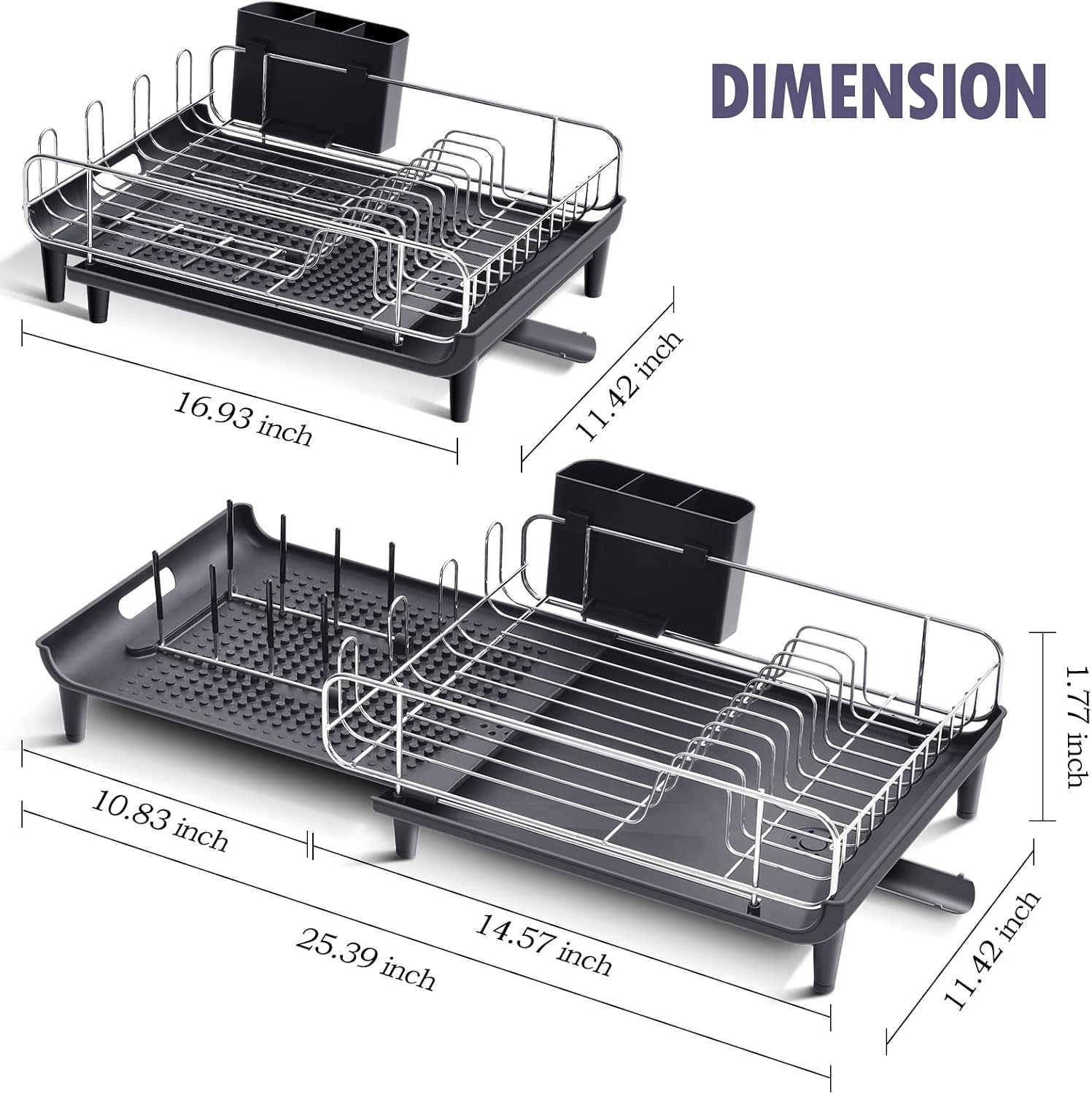 TOOLF Expandable Dish Drying Rack - Stainless Steel Dish Rack with Drainboard, Expandable (14.5"-25.3") Sink Dish Drainer Rack, Space Saver Dish Rack for Dishes and Utensils Storage, 1 Piece, Black
