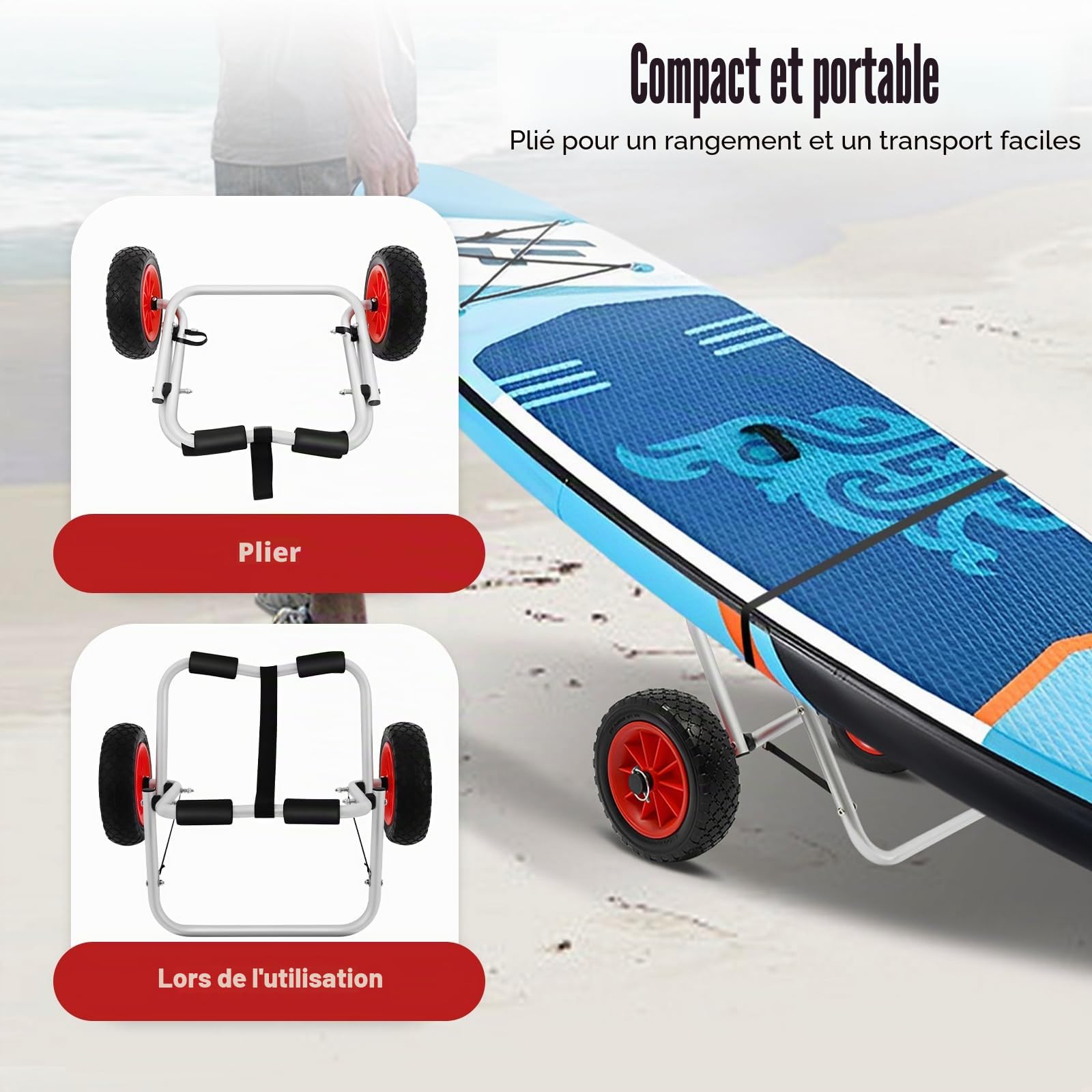 Chariot de transport en aluminium réglable pour canoë, kayak, pliable, jusqu'à 80 kg, remorque pour bateaux, canoës avec 2 roues gonflables en PU, chariot de transport pour bateaux, canoës