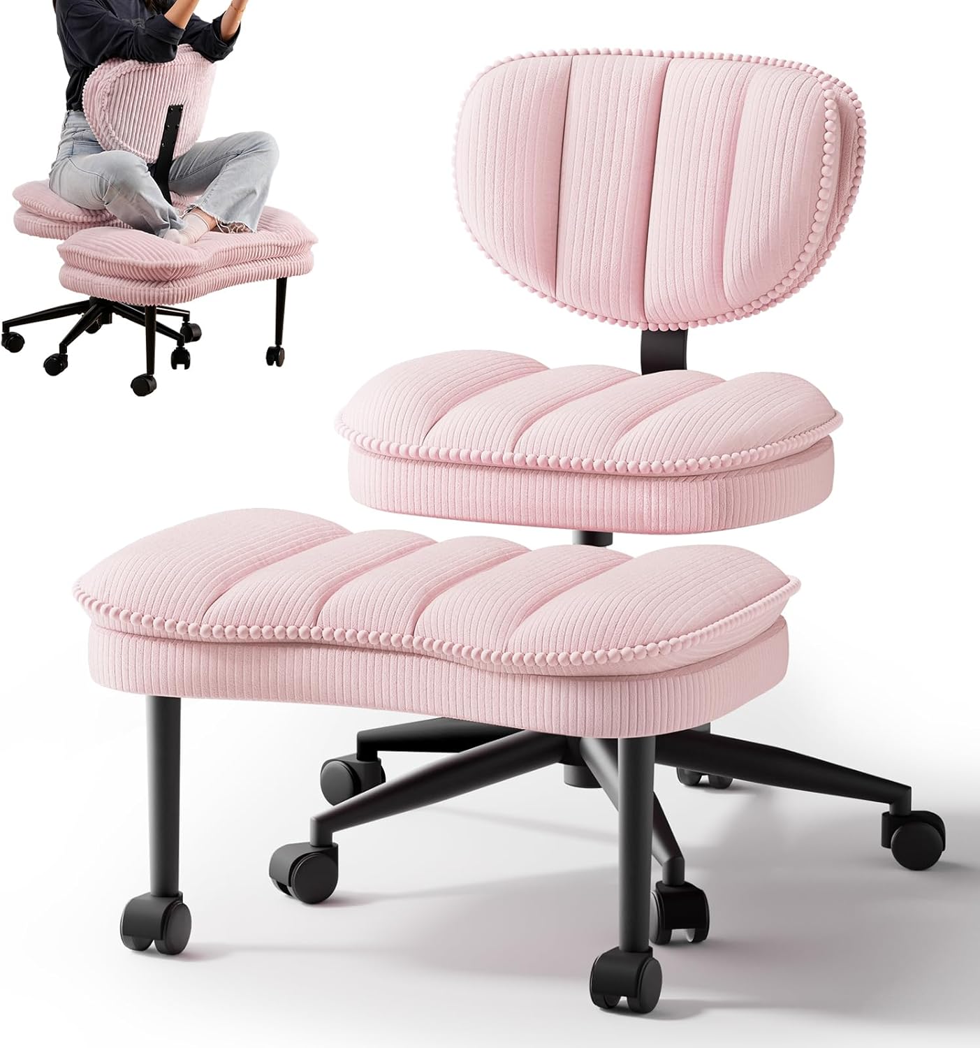 Cross Legged Office Chair, Ergonomic Cloud Criss Cross Desk Chair, Meditation Chair with Wheels, Height Adjustable Seat for ADHD, Wide Kneeling Chair with Back Support, Pink Pink CloudCush Comfort