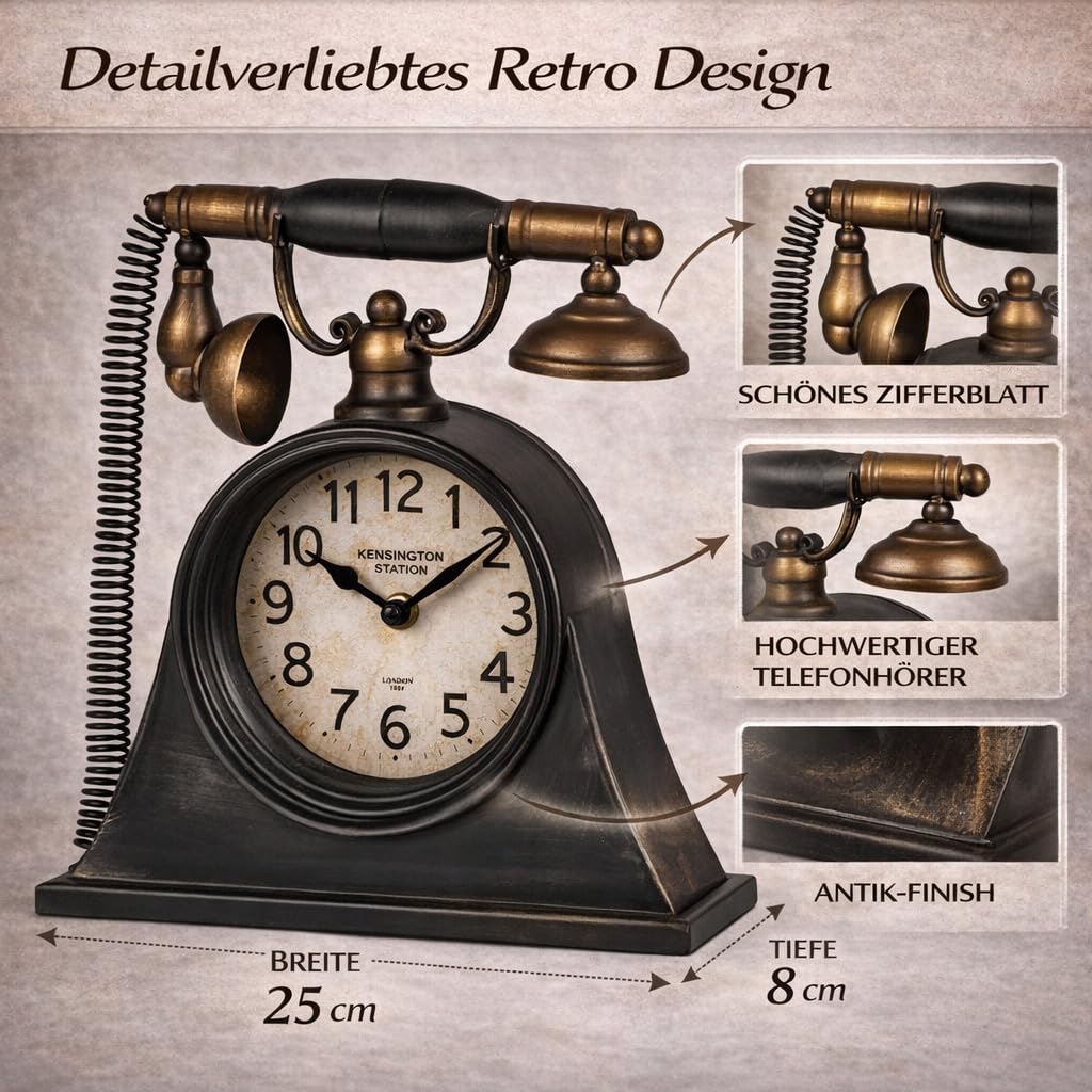 formano Metalowy zegar stojący w stylu vintage, telefon w stylu retro, 27 x 25 cm, napęd kwarcowy, 1 x bateria AA, dekoracyjny zegar do salonu, biura i regału, w nostalgicznym stylu antycznym