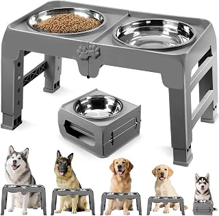 COMESOON Elevated Dog Bowls for Large Breeds: 5 Heights 7.5"-15.4", 2x 10" Stainless Steel Bowls, Foldable Heavy Duty Stand for Dogs Over 15" Shoulder, Grey