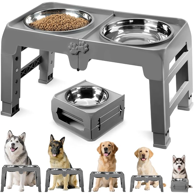 Comedouro elevado para cães grandes COMESOON com 5 alturas ajustáveis e 2 tigelas de aço inoxidável Cinza, pacote com 2 tigelas de 25,4 cm