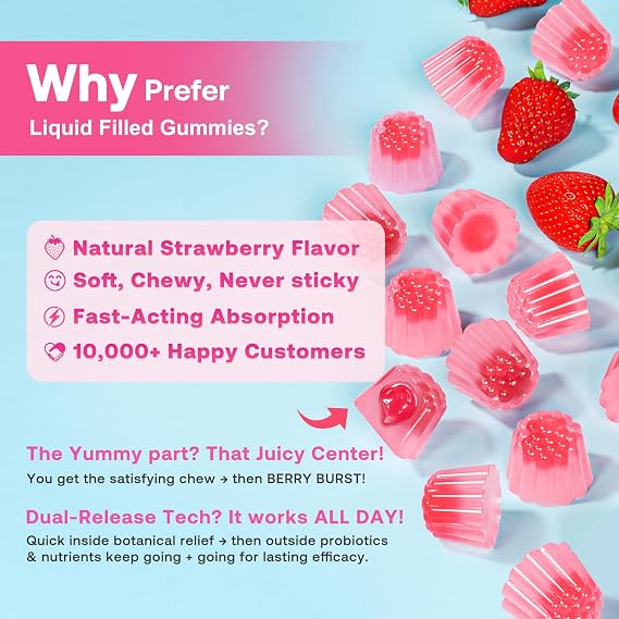 Feminine Balance Gummies for Women, Premium Ph Balance Gummies with Probiotic for Vaginal Flora Balance, Immune Support Supplement, Gluten-Free, Strawberry Flavor with Liquid Filled, 60 Count