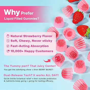 Feminine Balance Gummies for Women, Premium Ph Balance Gummies with Probiotic for Vaginal Flora Balance, Immune Support Supplement, Gluten-Free, Strawberry Flavor with Liquid Filled, 60 Count
