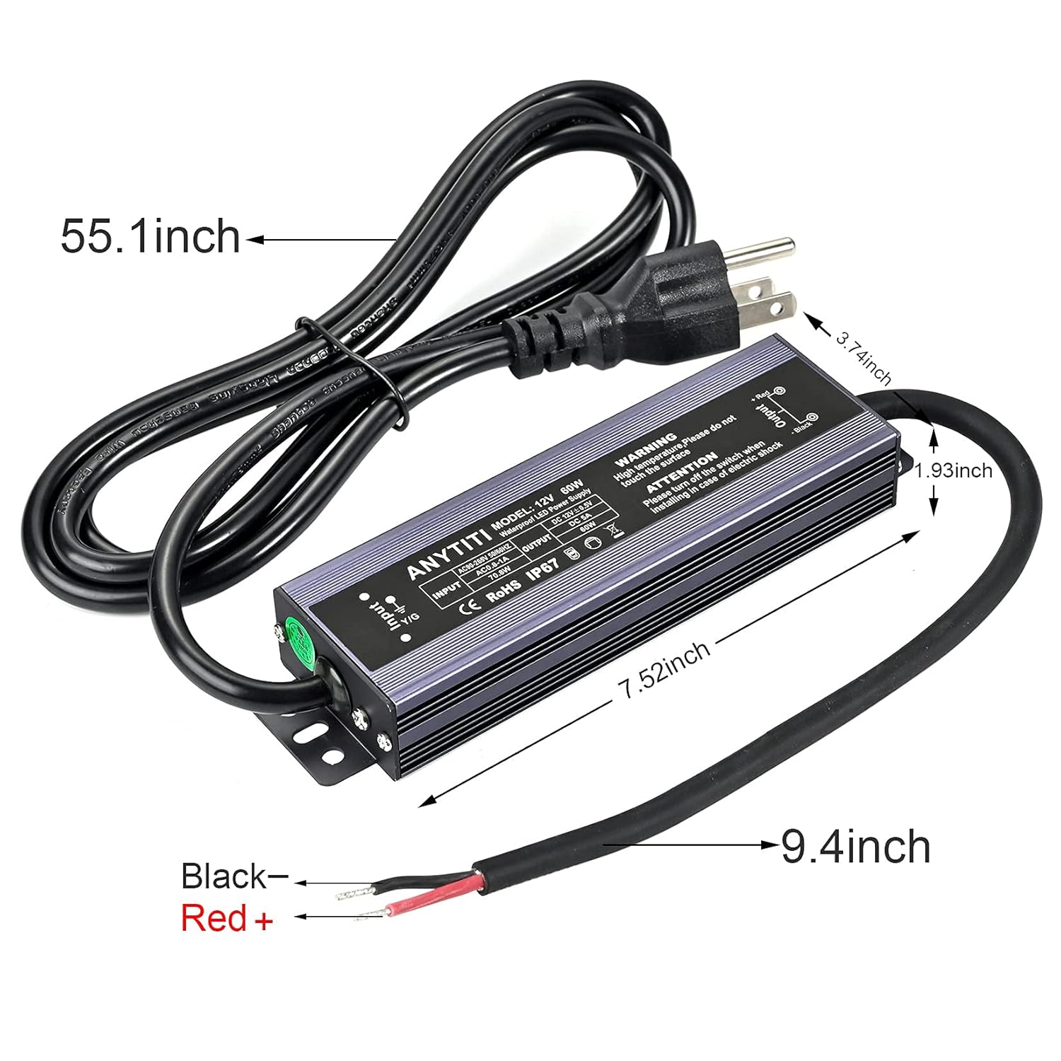 LED Driver,LED Power Supply IP67 Waterproof Output 60W DC12V 5A 3-Prong Plug 4.5feet