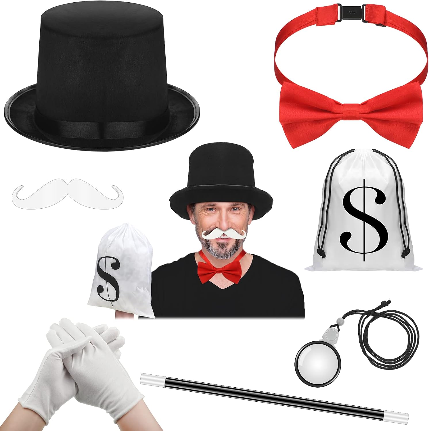 Jiuguva 7 Pcs Uncle Costume Accessories Set Board Costume Man Hat Monocle Red Bow Tie Money Bag White Gloves Mustache Cane for Halloween Party Supplies