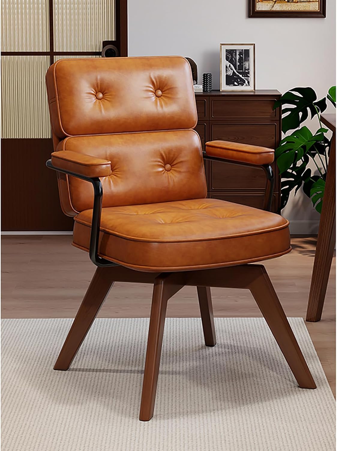 Swivel Desk Chair, Faux Leather Home Office Chair with Solid Wood Legs, Upholstered Computer Chair Mid Century Modern Armchair for Study, Bedroom, Living Room, Brown