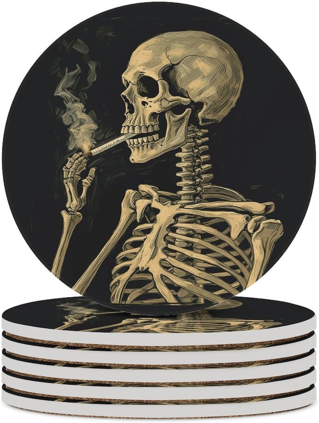A Skeleton with Burning Cigarette Coaster with Cork Base Drink Coasters for Coffee Table Decor Modern Cup Coasters with Non-Slip & Heat-Resistant Cute Ceramic Table Coaster for Home Dining