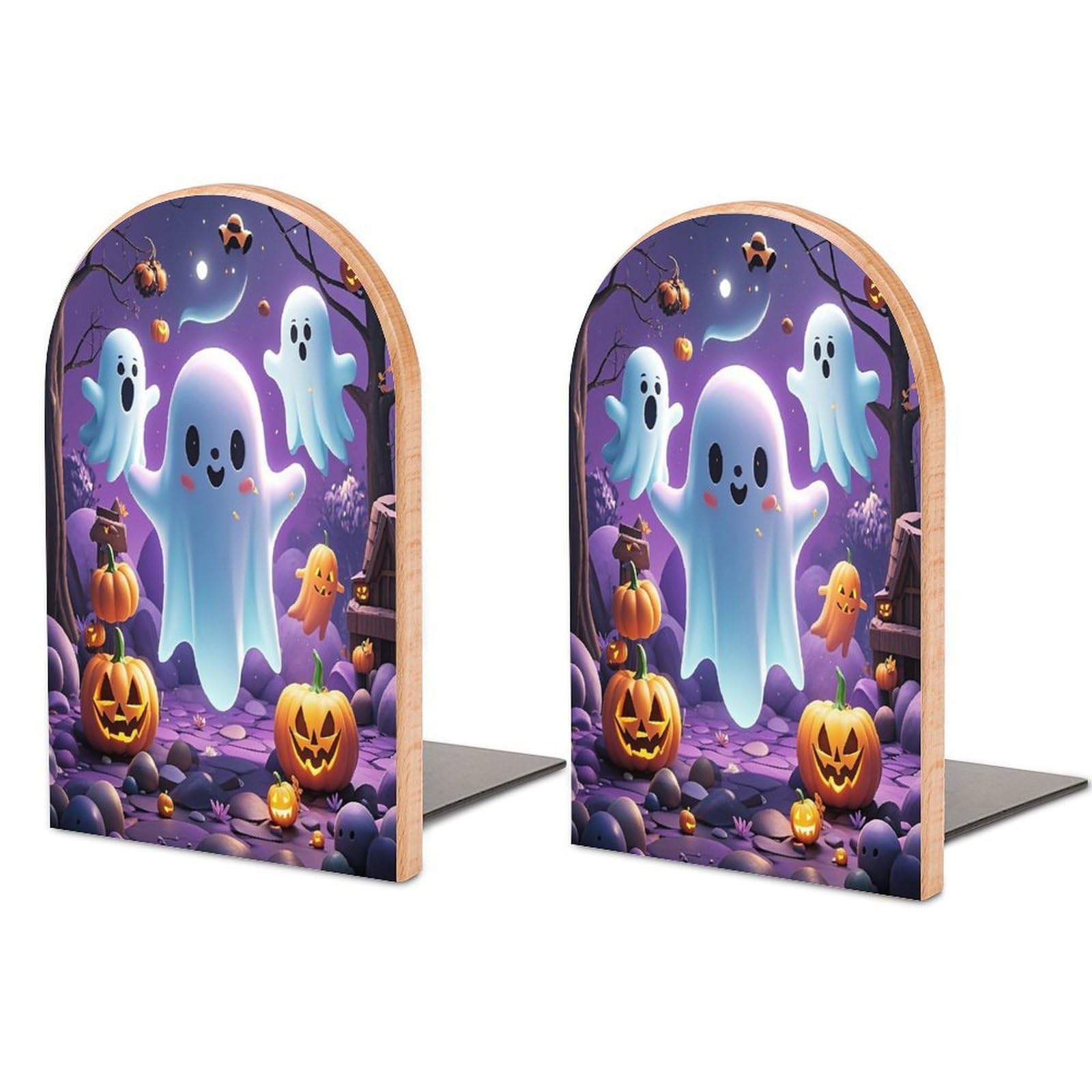 Ghost Pumpkin Bookends 1 Pair Heavy Duty Book Ends for Shelves Non-Skid Bookend Supports Wooden Book Holders with Metal Base Desk Organizers Books Storage to Hold Books