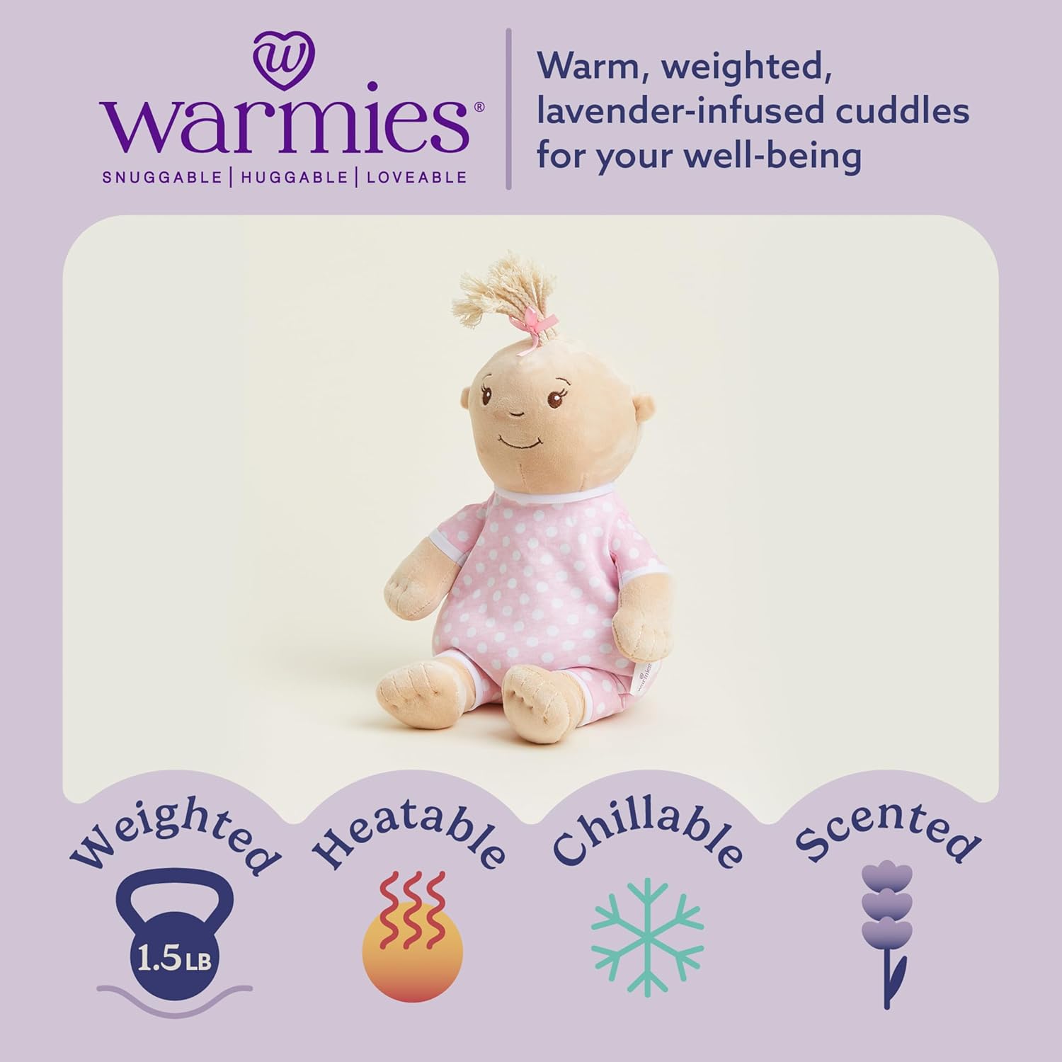 warmies Microwavable & Weighted Stuffed Animals, Baby Girl Lighter Skin - Heated Stuffed Animal Plushie for Warmth & Comfort - Soft Plush Toys for Adults & Children (Boys, Girls, Babies & Toddlers)