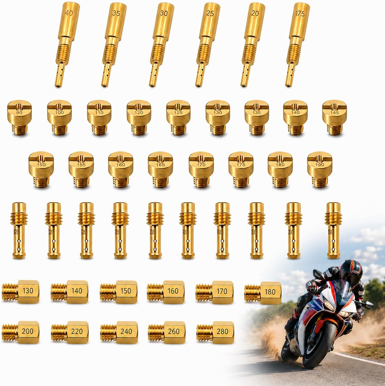 42 Pcs Carburetor Jet Kit for Mikuni, Main & Pilot Slow Jet N100.604, Replaces TM33-8012 TM36-68 TM40-6, for VM18-VM44 TM24-TM38 HSR42/45/48 RS34-RS40 Carburetors, Fits Honda Suzuki Kawasaki Yamaha