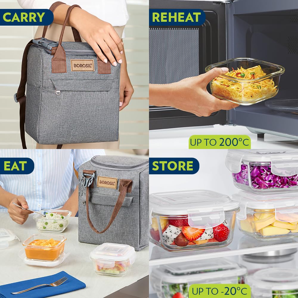 Borosil Gourmet - Fiambrera de vidrio de borosilicato con bolsa, juego de 3 piezas (320 ml cada uno) + 1 botella de vidrio (550 ml), apta para microondas y lavavajillas, a prueba de fugas, para