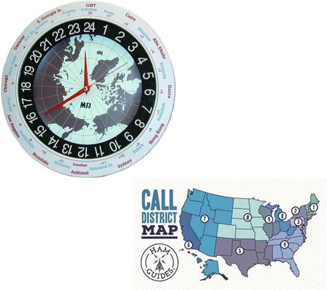MFJ Clock, 12/24-hour, Analog, 12in and Ham Guides TM Pocket Reference Card Bundle
