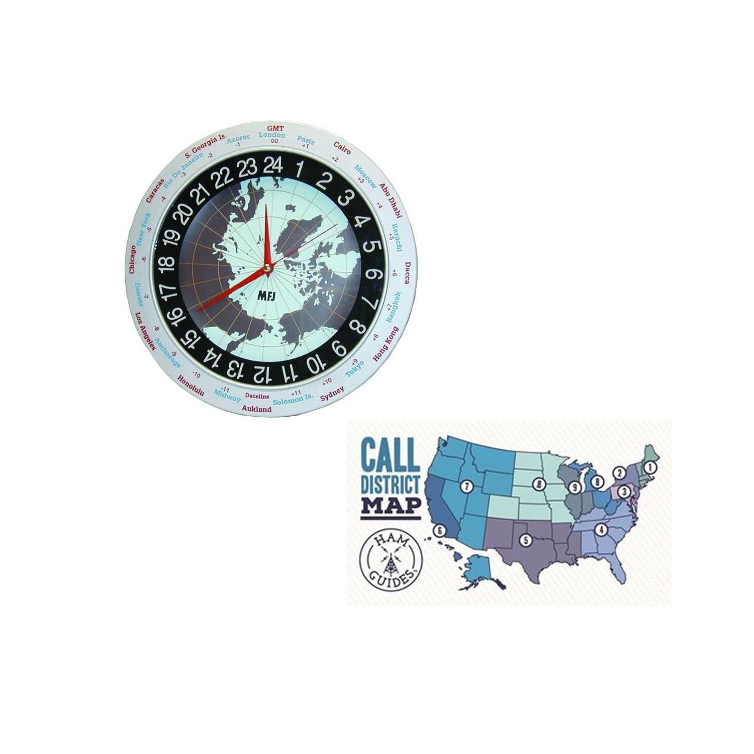 MFJ Clock, 12/24-hour, Analog, 12in and Ham Guides TM Pocket Reference Card Bundle