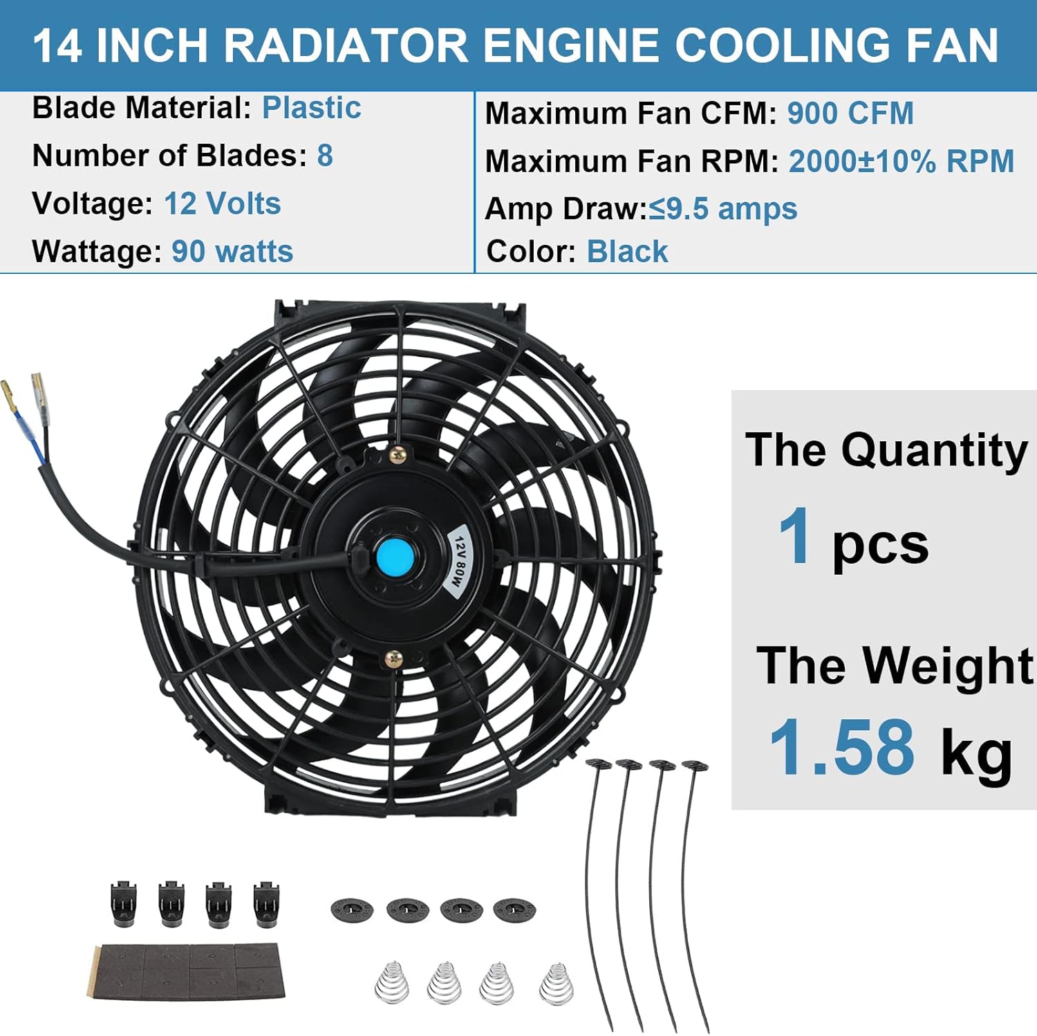 14 Inch Universal Slim Fan Push Pull Electric Radiator Cooling Fan with Fan Mounting Kit 12V 90W Black 14inch 90W