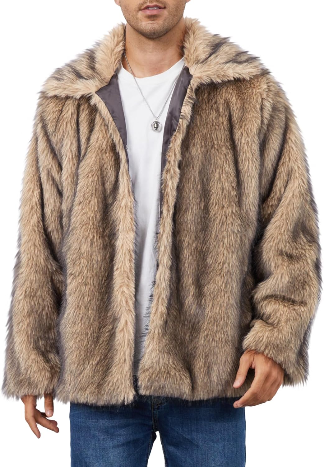 Ogfao Mens Faux Fur Coat Fluffy Furry Jackets Lapel Collar Long Sleeve Warm Winter Jacket
