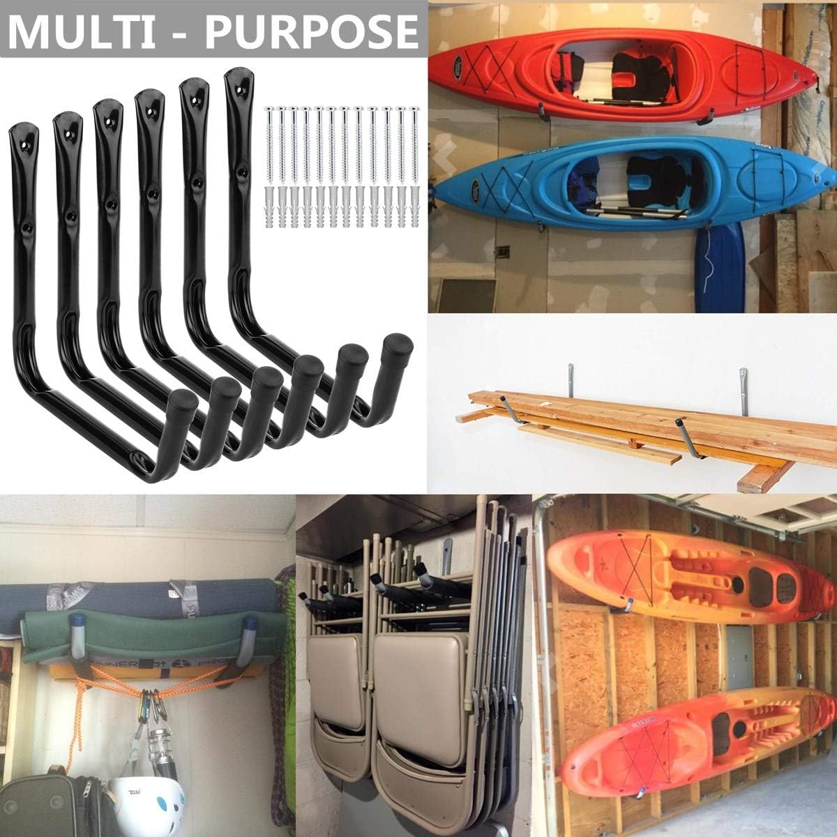 Heavy Duty Giant Garage Storage Hook Wall Mounted Utility Hanging Rack for Surfboard,Ladder,Kayak (6 Pcs Black 10" J Hook)