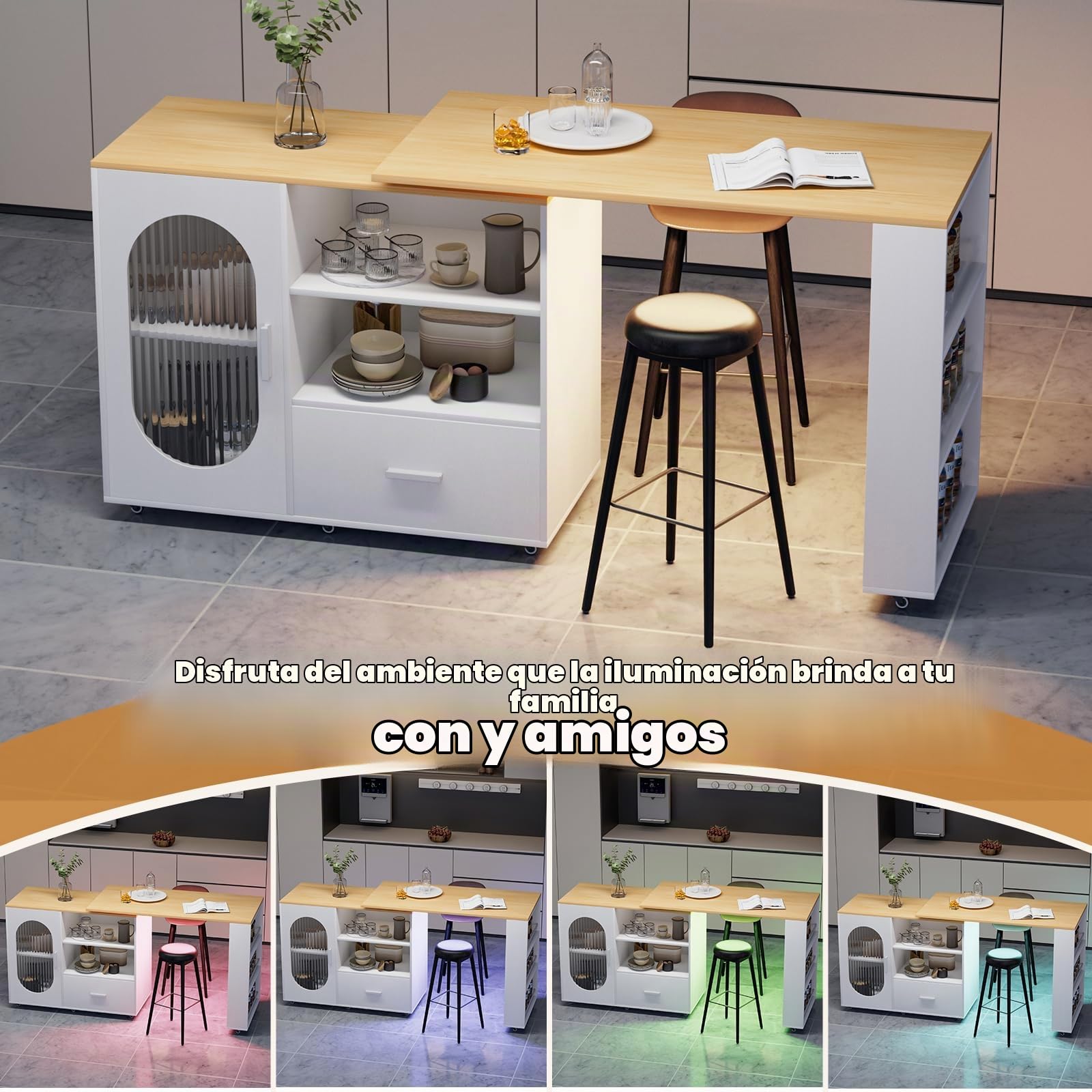 Isla de cocina giratoria 360° con espacio de almacenamiento, carrito de cocina móvil, mesa de bar extensible, encimera de acero inoxidable, barra de desayuno con armarios y cajones para cocina comedor