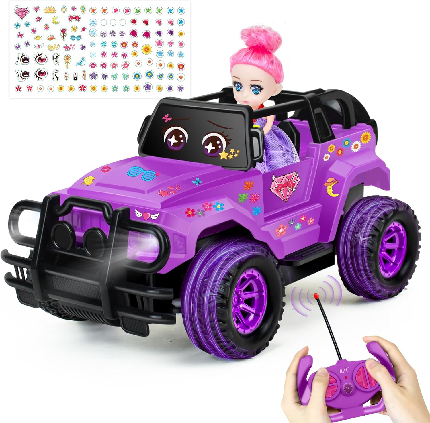 Remote Control Car- RC Truck with DIY Stickers and Doll for Kids Girls Birthday, 1:20 Scale RC Truck Full Functions Creative Racing Car for Toddlers Kids Indoor Outdoor Games, Pink