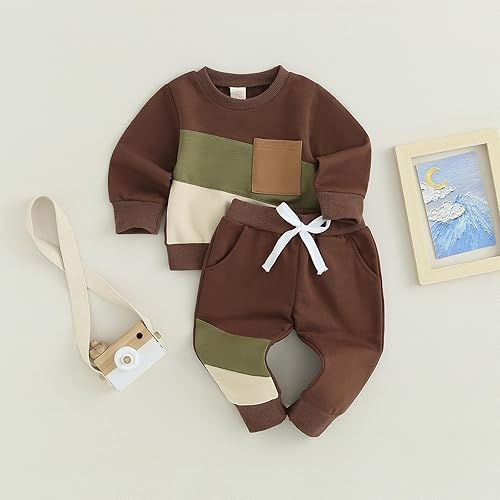 Miniatura 2 de BeQeuewll Ropa para bebé niño de otoño e invierno, 2 piezas, bloque de color, sudadera y pantalones con cuello redondo