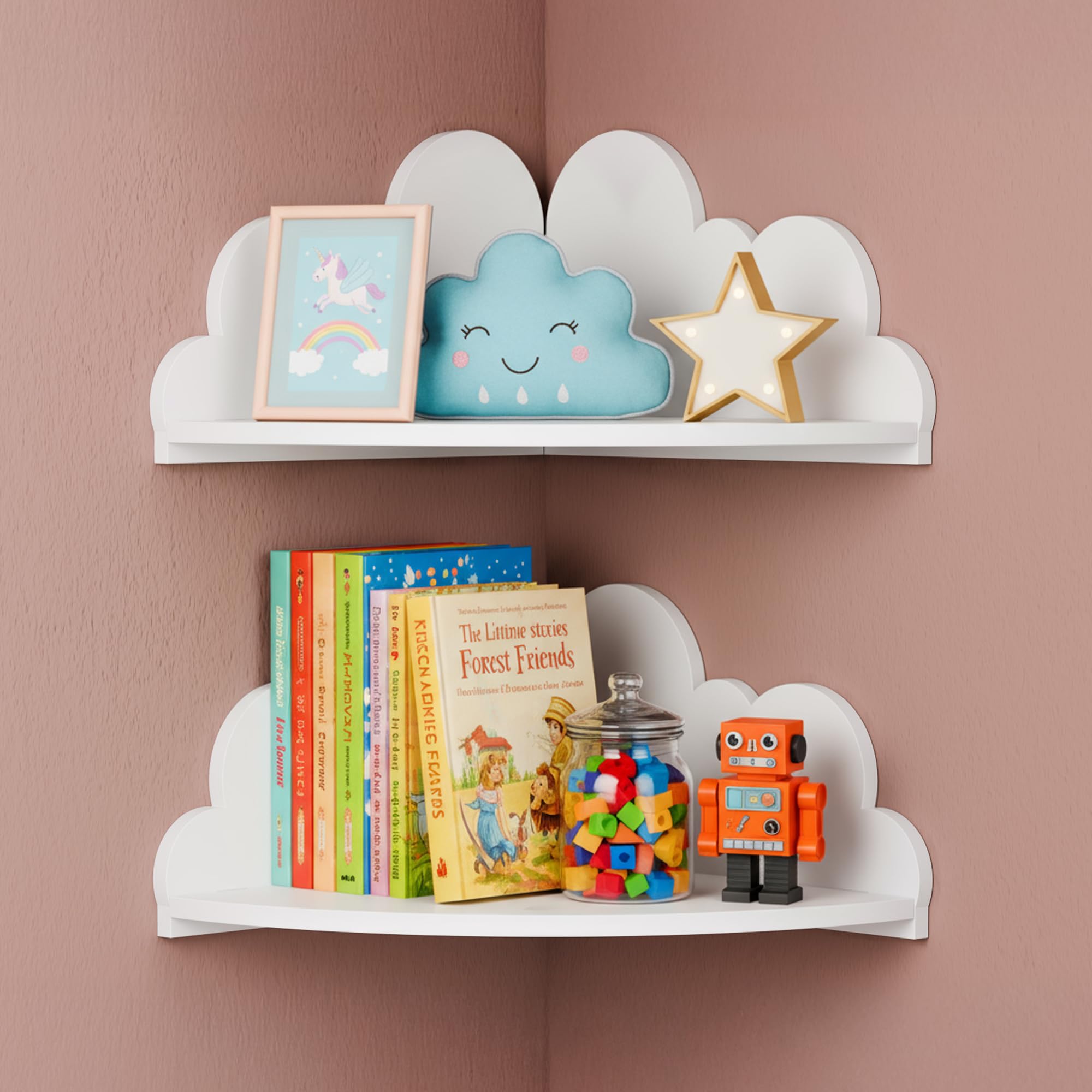 Cute Cloud Floating Corner Shelves - 2-Tier Cloud Corner Shelf Wall Mounted for Kid’s Room, Nursery Wall Decor, Small Cute Display Shelves for Toys, Plants & Storage-image-42