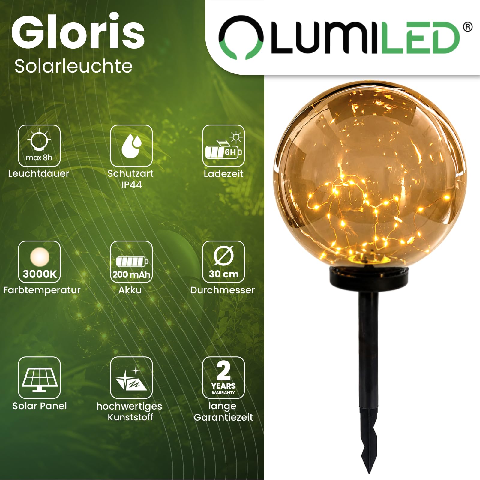 Lumiled 4 Stück Solar Kugelleuchte Gartenleuchte mit Erdspieß Solarlampe Dämmerungssensor IP44 Warmweiß Rauchgrau Ø30 cm Wegeleuchte für Garten Terrasse Weg