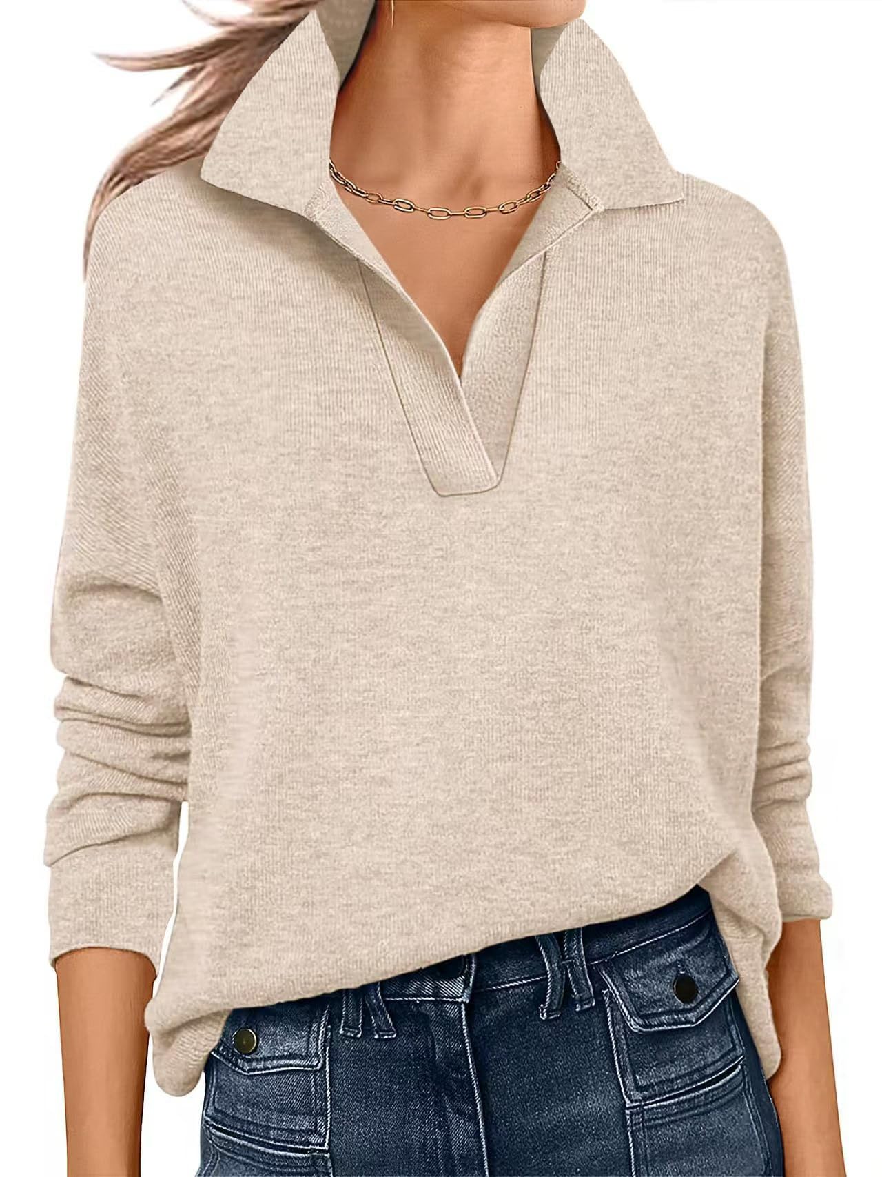 Womens Polo Sweaters Casual Business Basic Knit Pullover Top Fall Lightweight Outfits Fashion Loose Sweatershirt