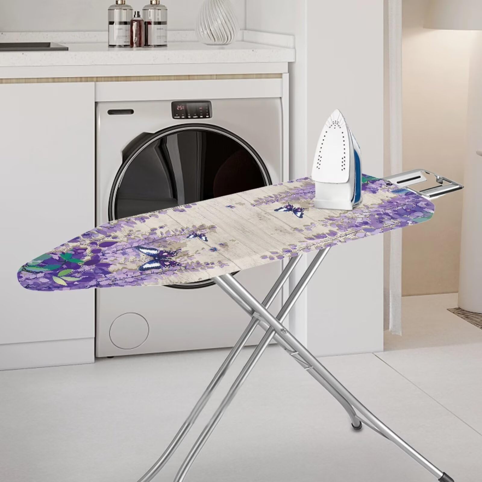 Guevoxuh Ironing Board Cover Soft Heavy Duty Iron Covers Protective Scorch Polyster Standard Size 15 x 54 Inch Snug Fit Ironing Board, Wisteria Flower Butterfly Violet
