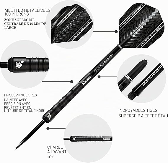 Harrows SUPERGRIP BLACK EDITION 90% Tungsten Steel Tip Darts Set. Available in 21g, 22g, 23g, 24g, 25g, 26g, 28g & 30g - Includes Supergrip Shafts & Supergrip Flights
