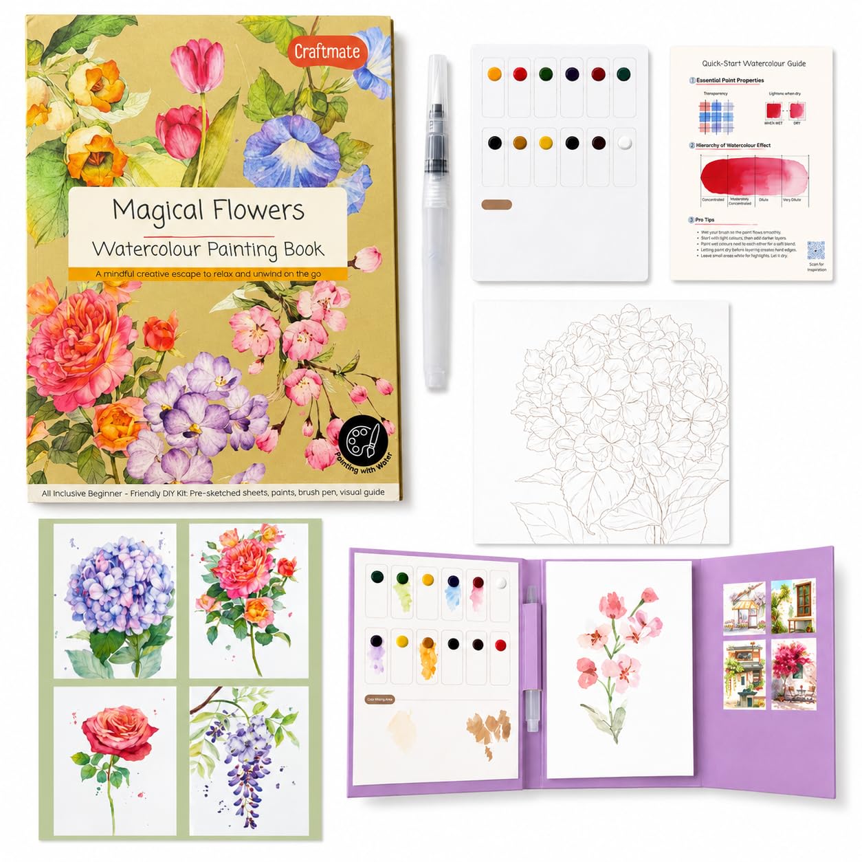 CRAFTMATE Magical Flowers Watercolor Painting Book | DIY Paint with Water Kit for Kids, Teens & Adults | 16 Pre-Sketched Floral Designs with Paint Palette & Water Brush Pen | Travel-Friendly Watercolour Art Book-image-14